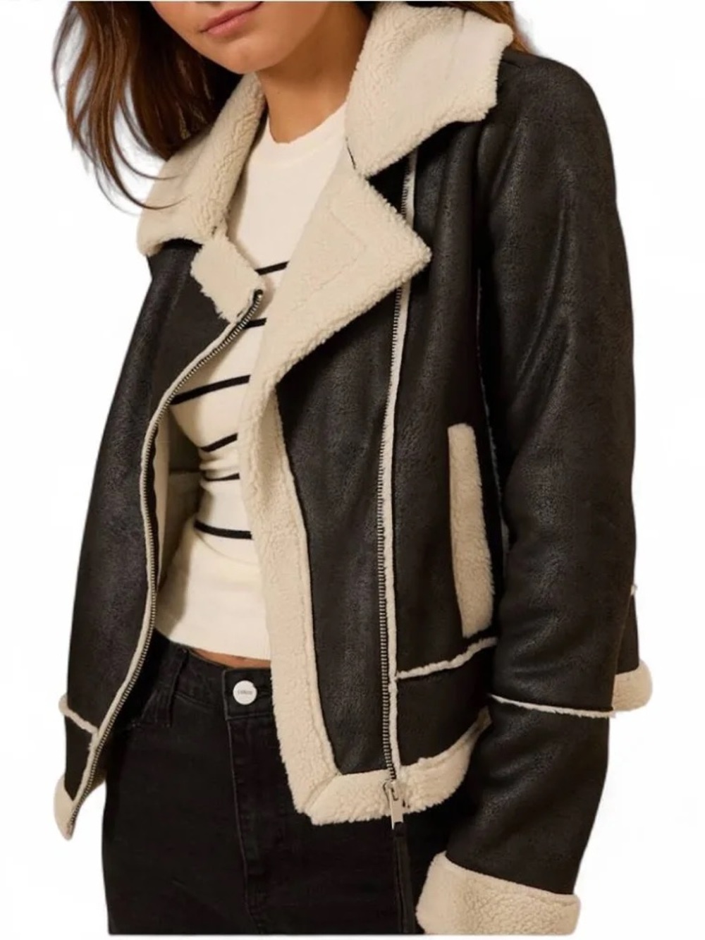 Altar'd State Moto Black Jacket, w/ Cream lyric faux Sherpa Shearling Trim XS/S
